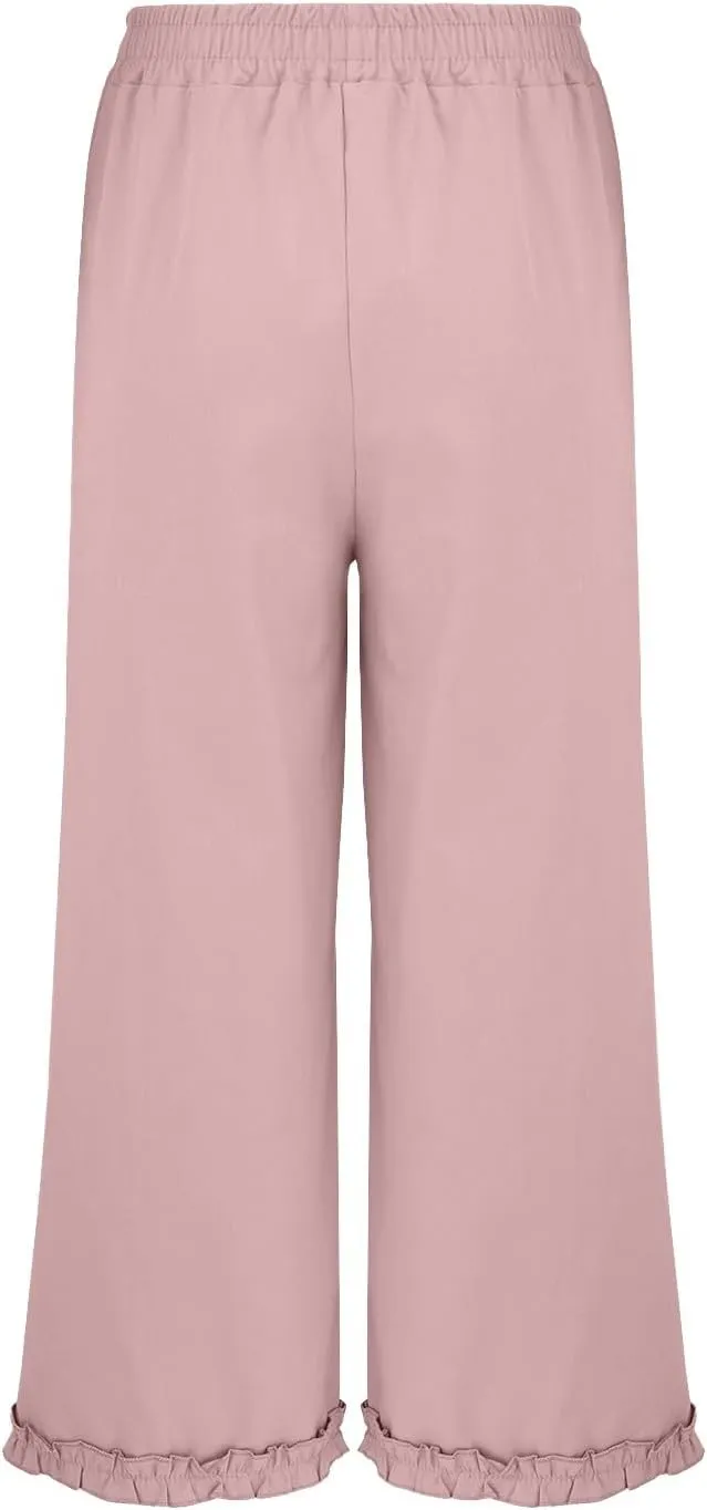 Women's Solid Cotton Linen Straight Pants Lace Ruffle Casual Trouser with Pockets Summer Vintage Elastic Waist Flowy Pants