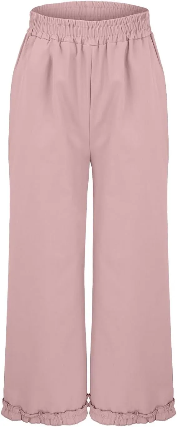 Women's Solid Cotton Linen Straight Pants Lace Ruffle Casual Trouser with Pockets Summer Vintage Elastic Waist Flowy Pants