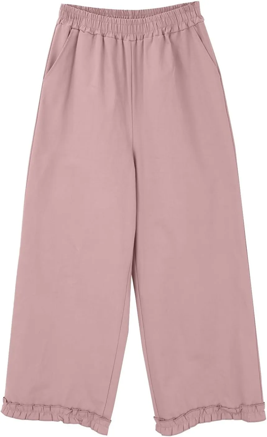 Women's Solid Cotton Linen Straight Pants Lace Ruffle Casual Trouser with Pockets Summer Vintage Elastic Waist Flowy Pants