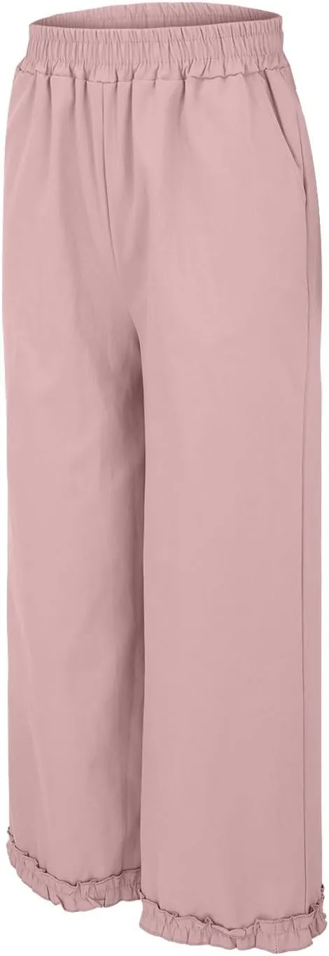 Women's Solid Cotton Linen Straight Pants Lace Ruffle Casual Trouser with Pockets Summer Vintage Elastic Waist Flowy Pants