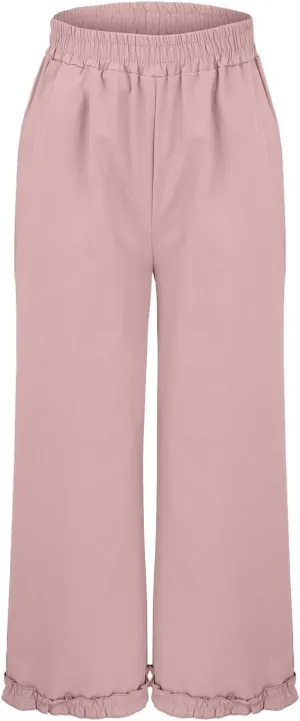 Women's Solid Cotton Linen Straight Pants Lace Ruffle Casual Trouser with Pockets Summer Vintage Elastic Waist Flowy Pants