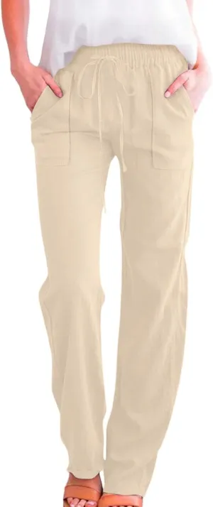 Women's Solid Cotton Linen Straight Pants Lightweight Summer Relax Fit Elastic Waist Lounge Long Trousers with Pockets