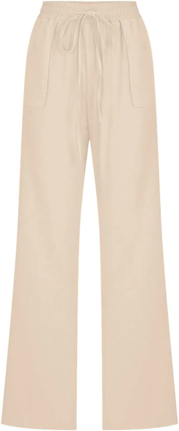 Women's Solid Cotton Linen Straight Pants Lightweight Summer Relax Fit Elastic Waist Lounge Long Trousers with Pockets