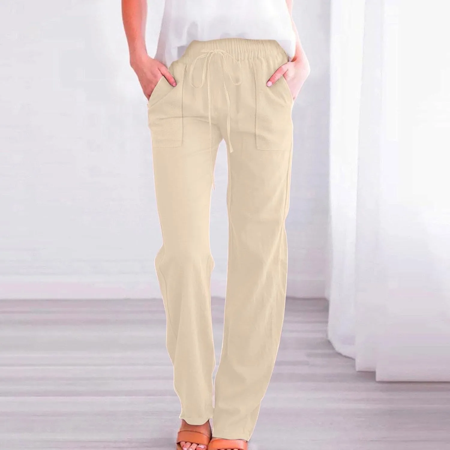 Women's Solid Cotton Linen Straight Pants Lightweight Summer Relax Fit Elastic Waist Lounge Long Trousers with Pockets