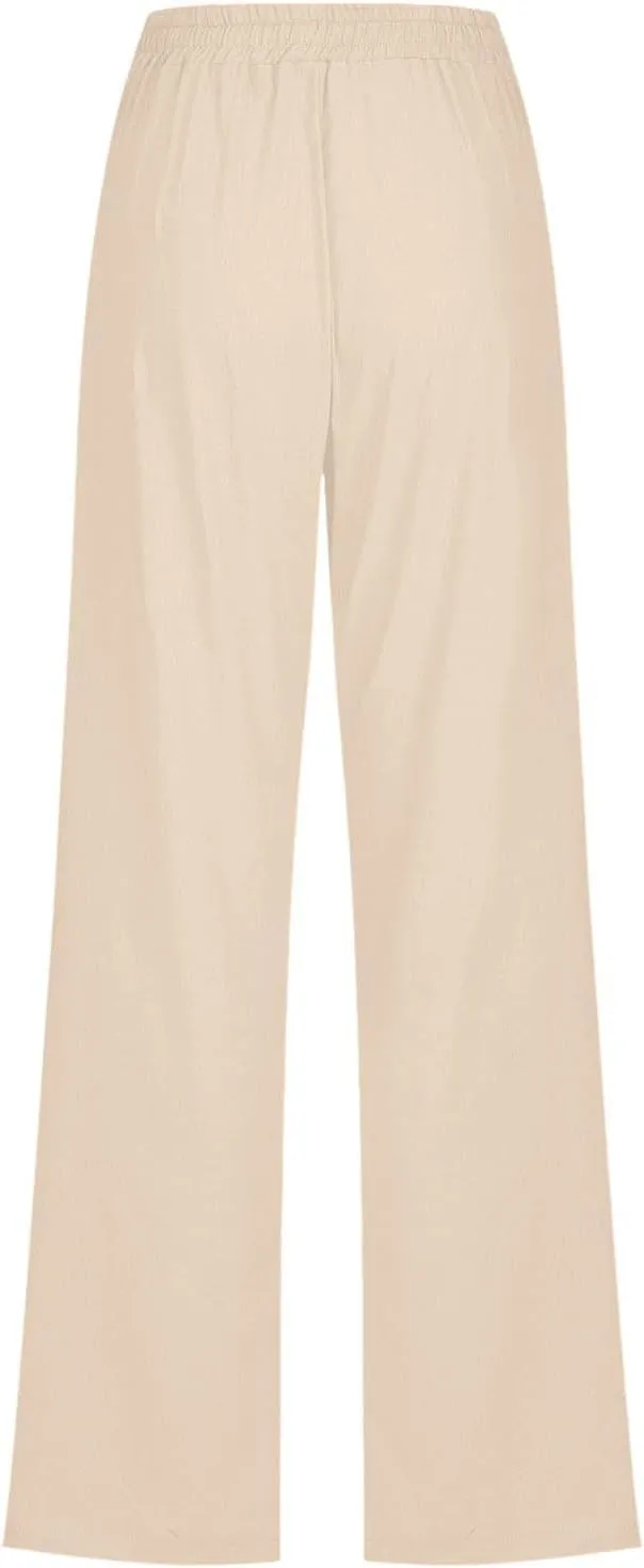 Women's Solid Cotton Linen Straight Pants Lightweight Summer Relax Fit Elastic Waist Lounge Long Trousers with Pockets