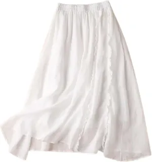 Women's Summer A Line Skirt with Elastic Waist Linen Blend Embroidered Lace Edge Casual Midi Skirt Summer Skirts
