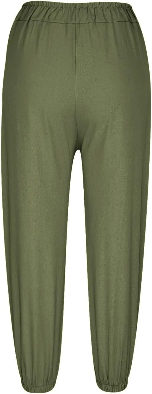 Women's Summer Casual Linen Blend Capri Pants - Solid Breathable Elastic Waist Pocket Trousers with Button Detail