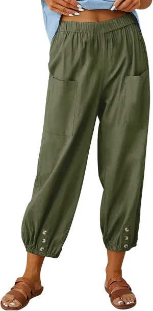 Women's Summer Casual Linen Blend Capri Pants - Solid Breathable Elastic Waist Pocket Trousers with Button Detail