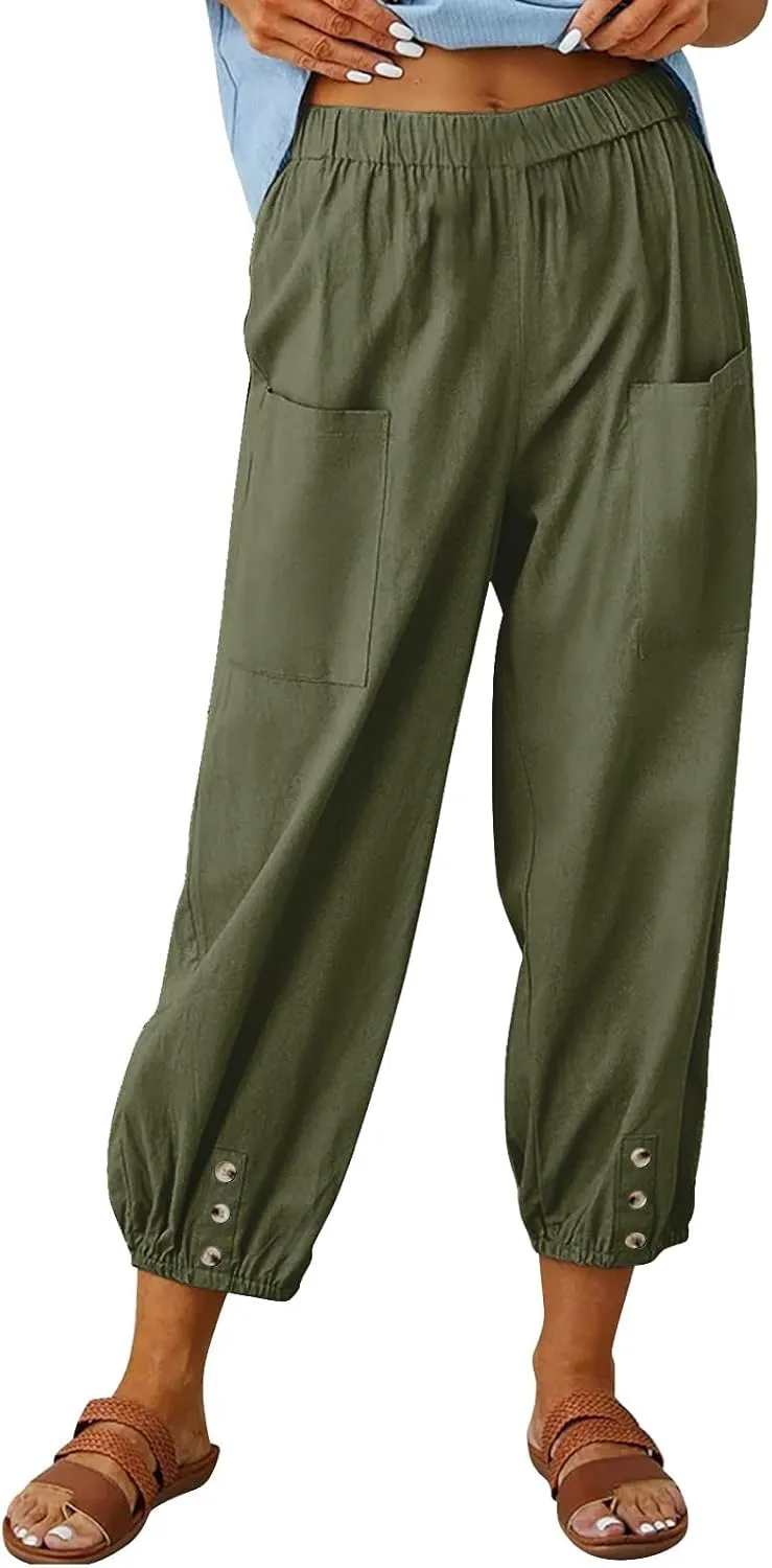 Women's Summer Casual Linen Blend Capri Pants - Solid Breathable Elastic Waist Pocket Trousers with Button Detail