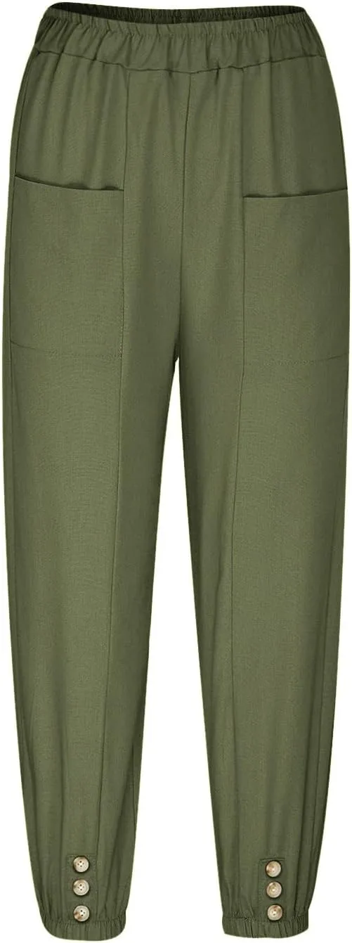 Women's Summer Casual Linen Blend Capri Pants - Solid Breathable Elastic Waist Pocket Trousers with Button Detail