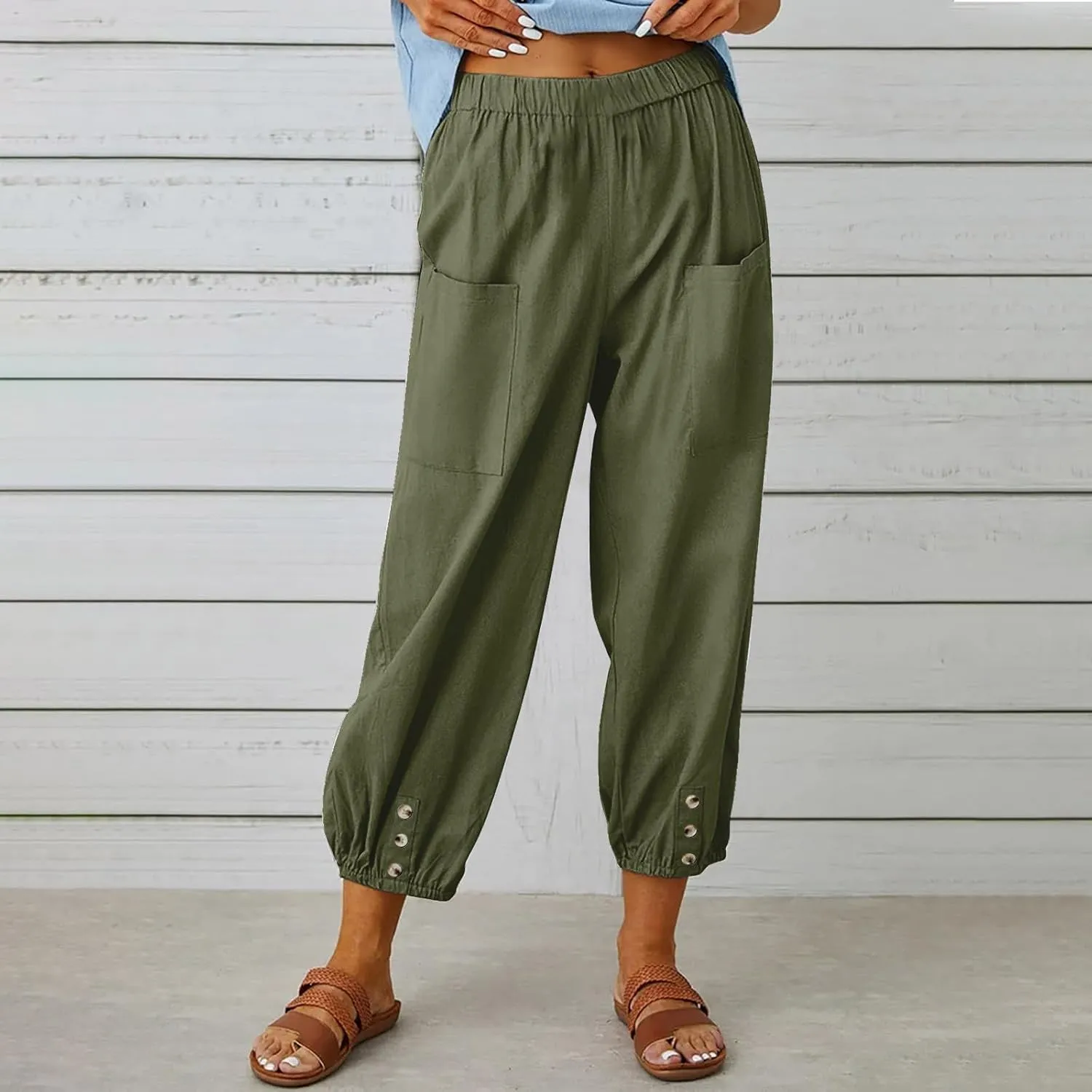 Women's Summer Casual Linen Blend Capri Pants - Solid Breathable Elastic Waist Pocket Trousers with Button Detail
