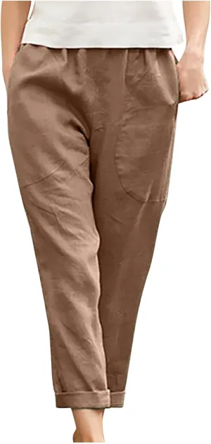 Women's Summer Cotton Linen Straight Pants Elastic Waist Casual Capri Pants Solid Large Lounge Beach Trousers Pockets