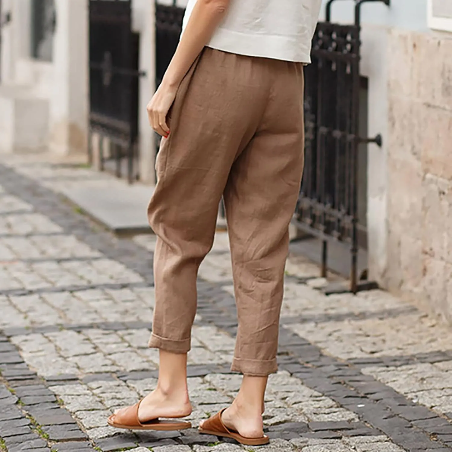 Women's Summer Cotton Linen Straight Pants Elastic Waist Casual Capri Pants Solid Large Lounge Beach Trousers Pockets