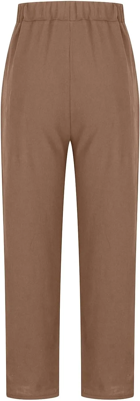 Women's Summer Cotton Linen Straight Pants Elastic Waist Casual Capri Pants Solid Large Lounge Beach Trousers Pockets