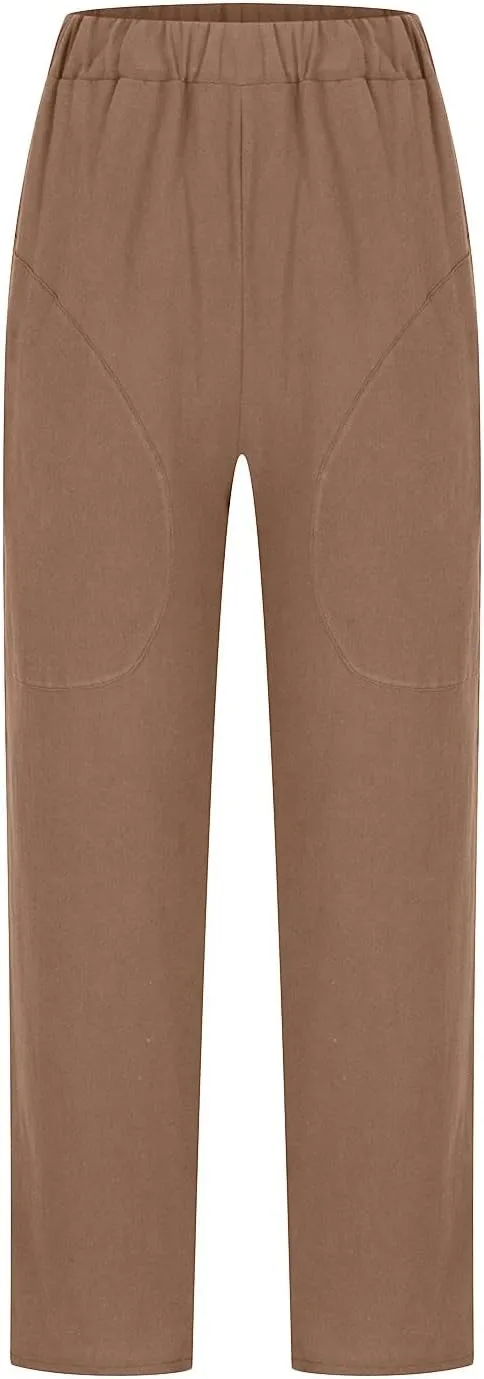 Women's Summer Cotton Linen Straight Pants Elastic Waist Casual Capri Pants Solid Large Lounge Beach Trousers Pockets