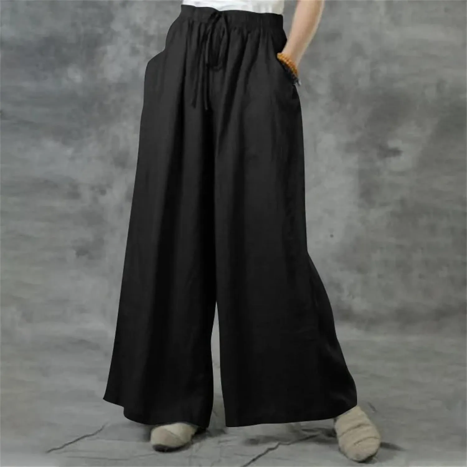 Women's Summer Loose Casual Wide-Leg Pants  Solid Color Cotton Linen Elastic Waist Drawstring Trousers Streetwear