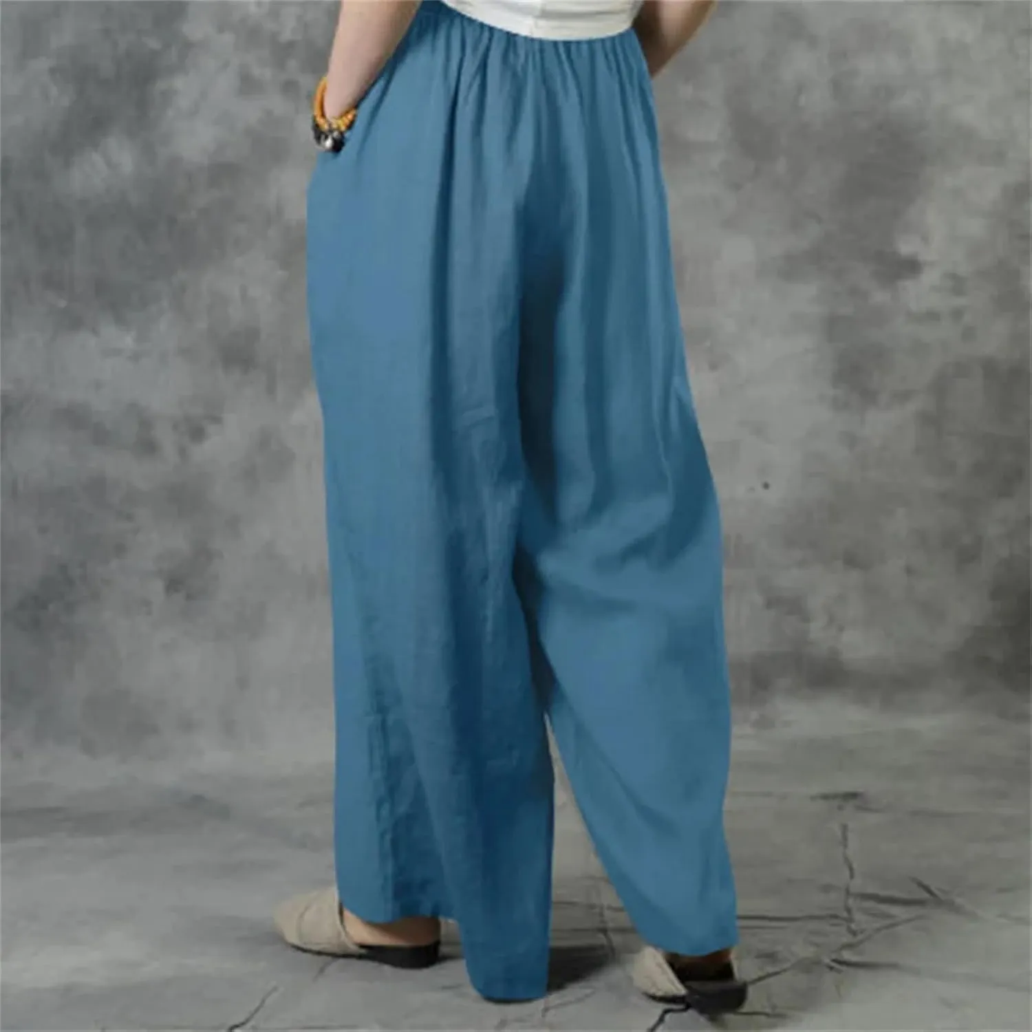 Women's Summer Loose Casual Wide-Leg Pants  Solid Color Cotton Linen Elastic Waist Drawstring Trousers Streetwear
