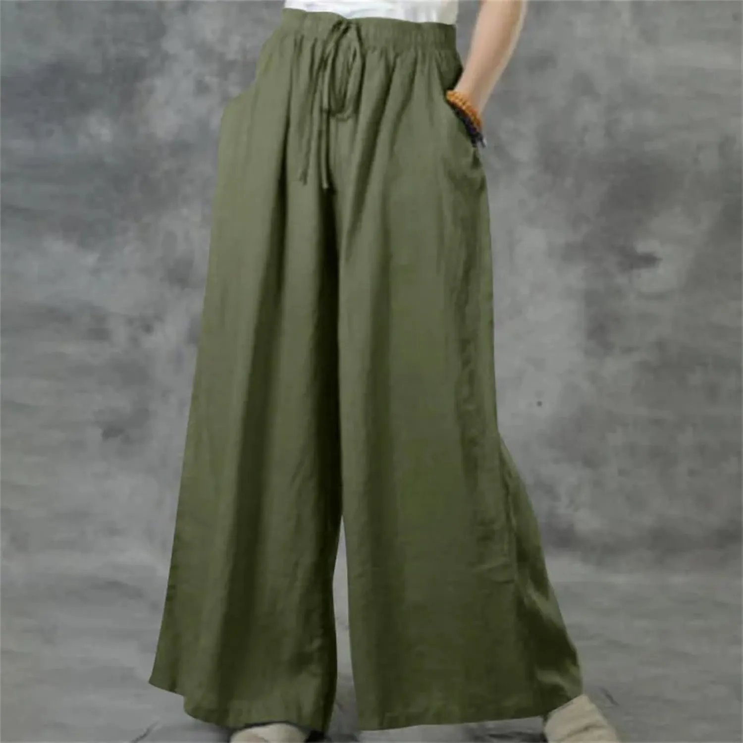 Women's Summer Loose Casual Wide-Leg Pants  Solid Color Cotton Linen Elastic Waist Drawstring Trousers Streetwear