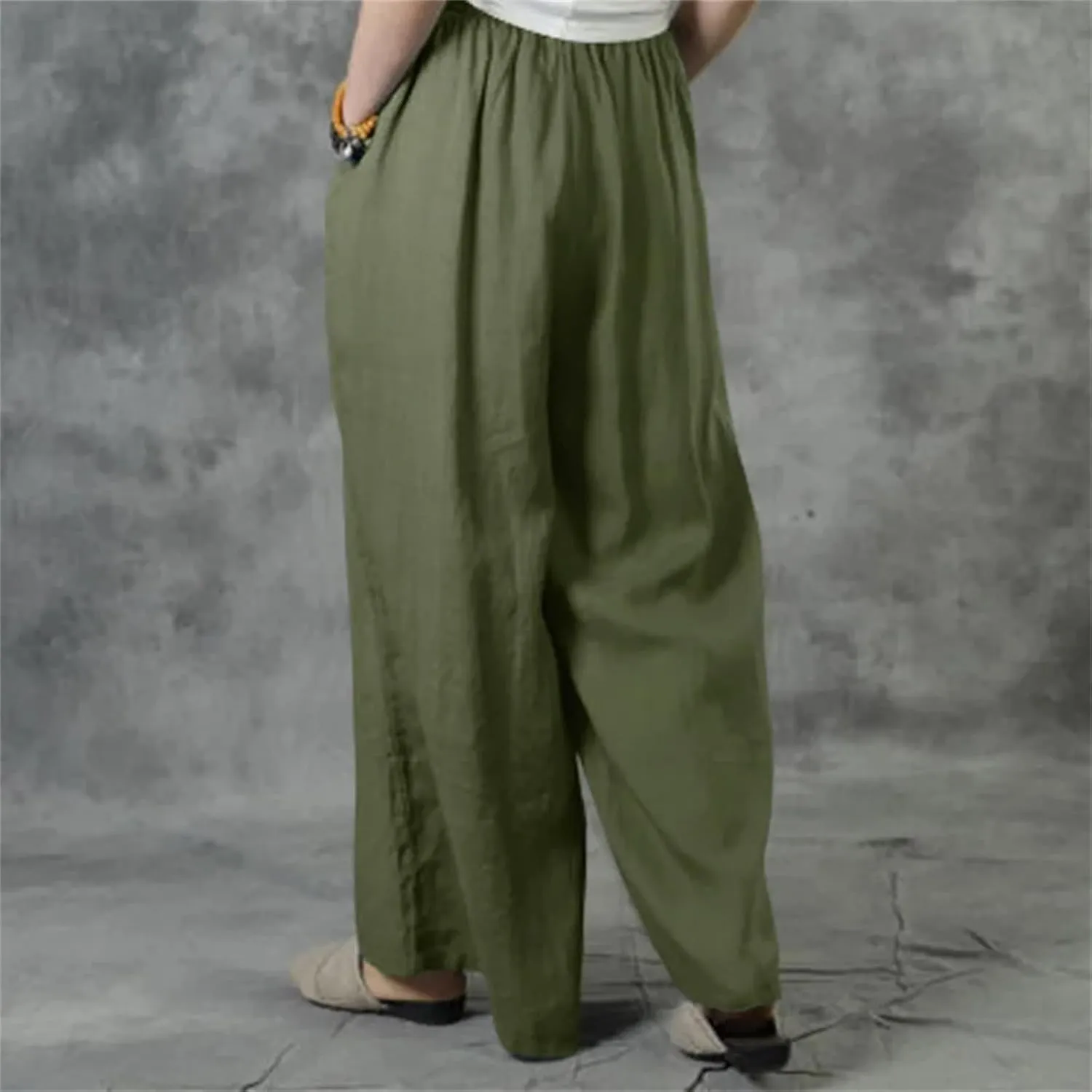 Women's Summer Loose Casual Wide-Leg Pants  Solid Color Cotton Linen Elastic Waist Drawstring Trousers Streetwear