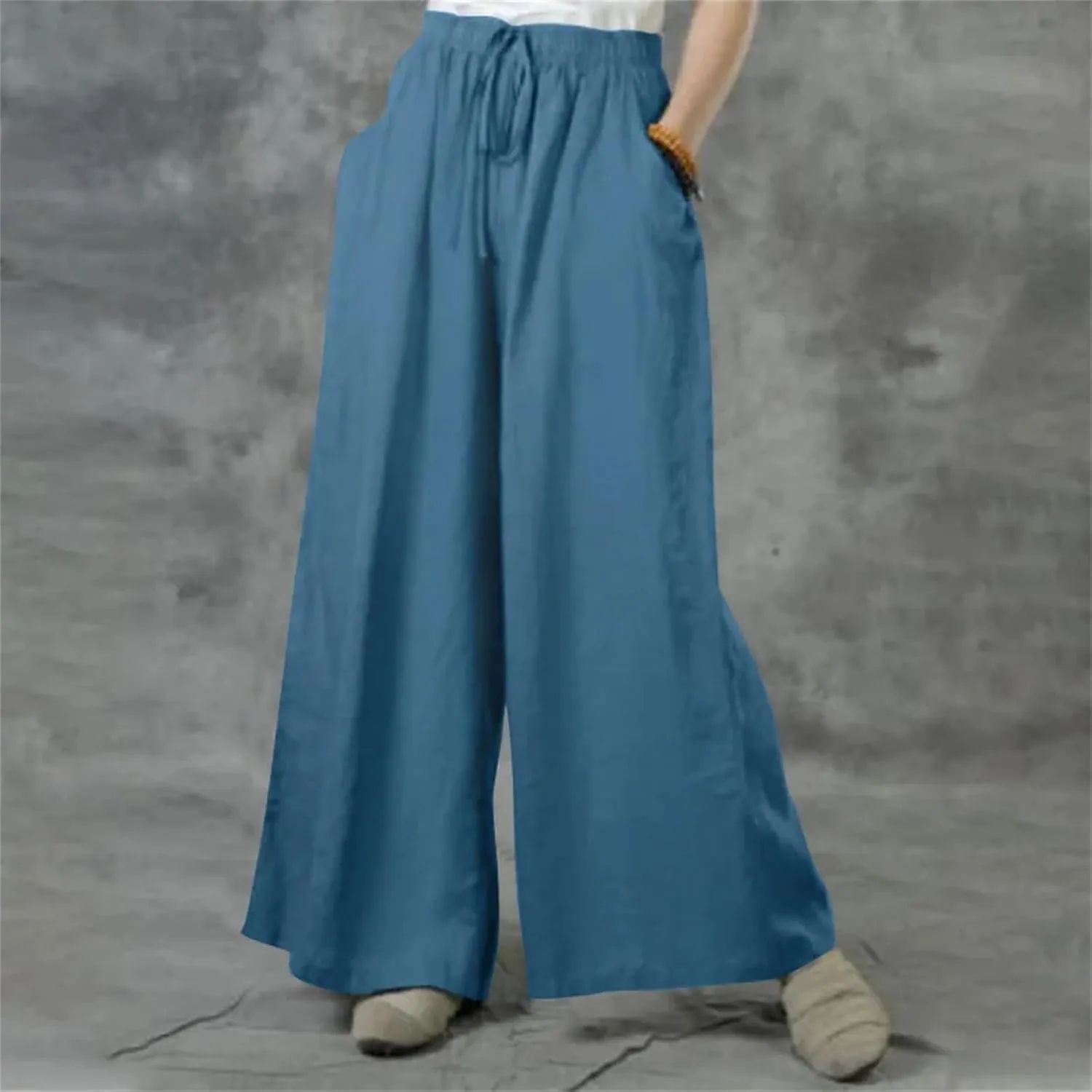 Women's Summer Loose Casual Wide-Leg Pants  Solid Color Cotton Linen Elastic Waist Drawstring Trousers Streetwear