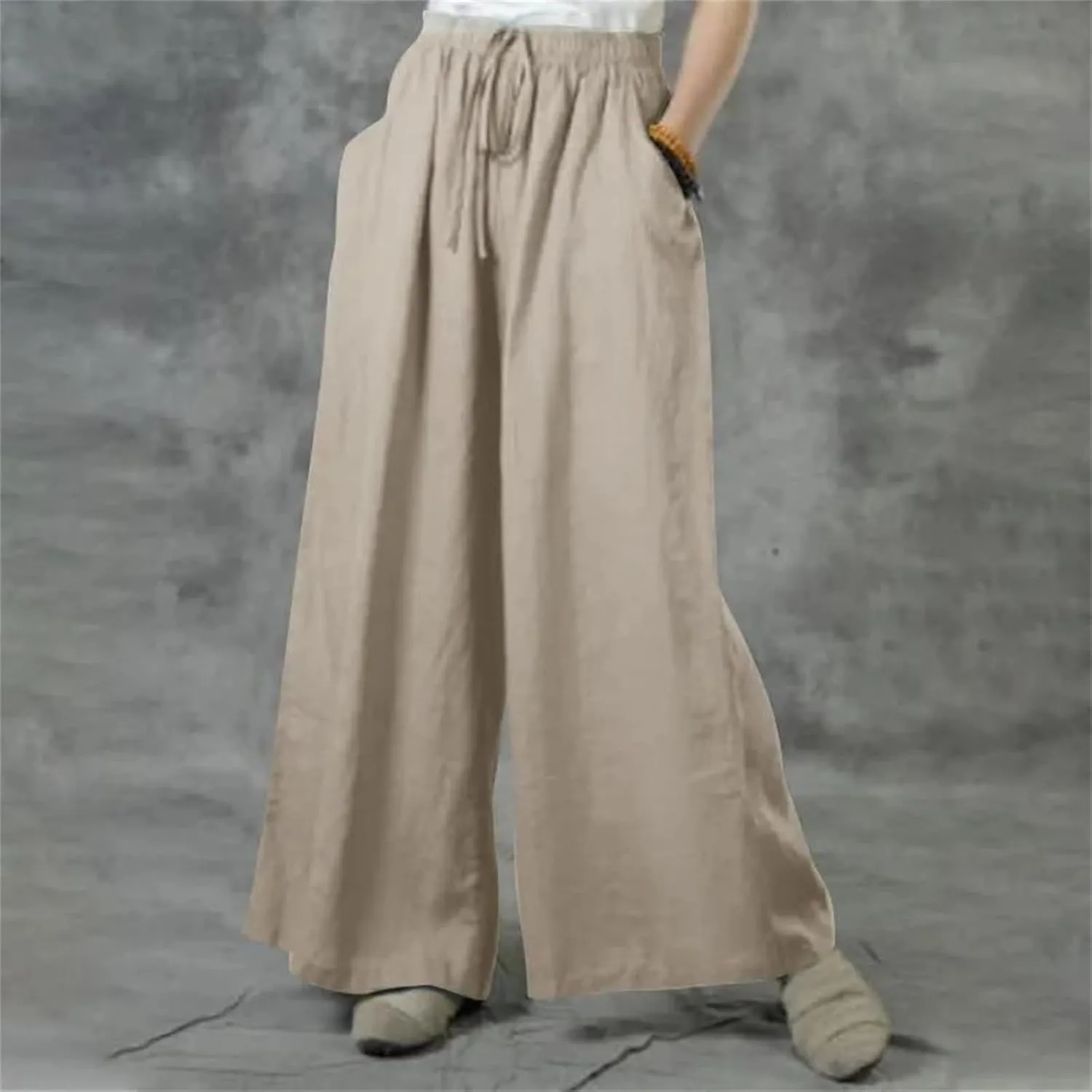 Women's Summer Loose Casual Wide-Leg Pants  Solid Color Cotton Linen Elastic Waist Drawstring Trousers Streetwear
