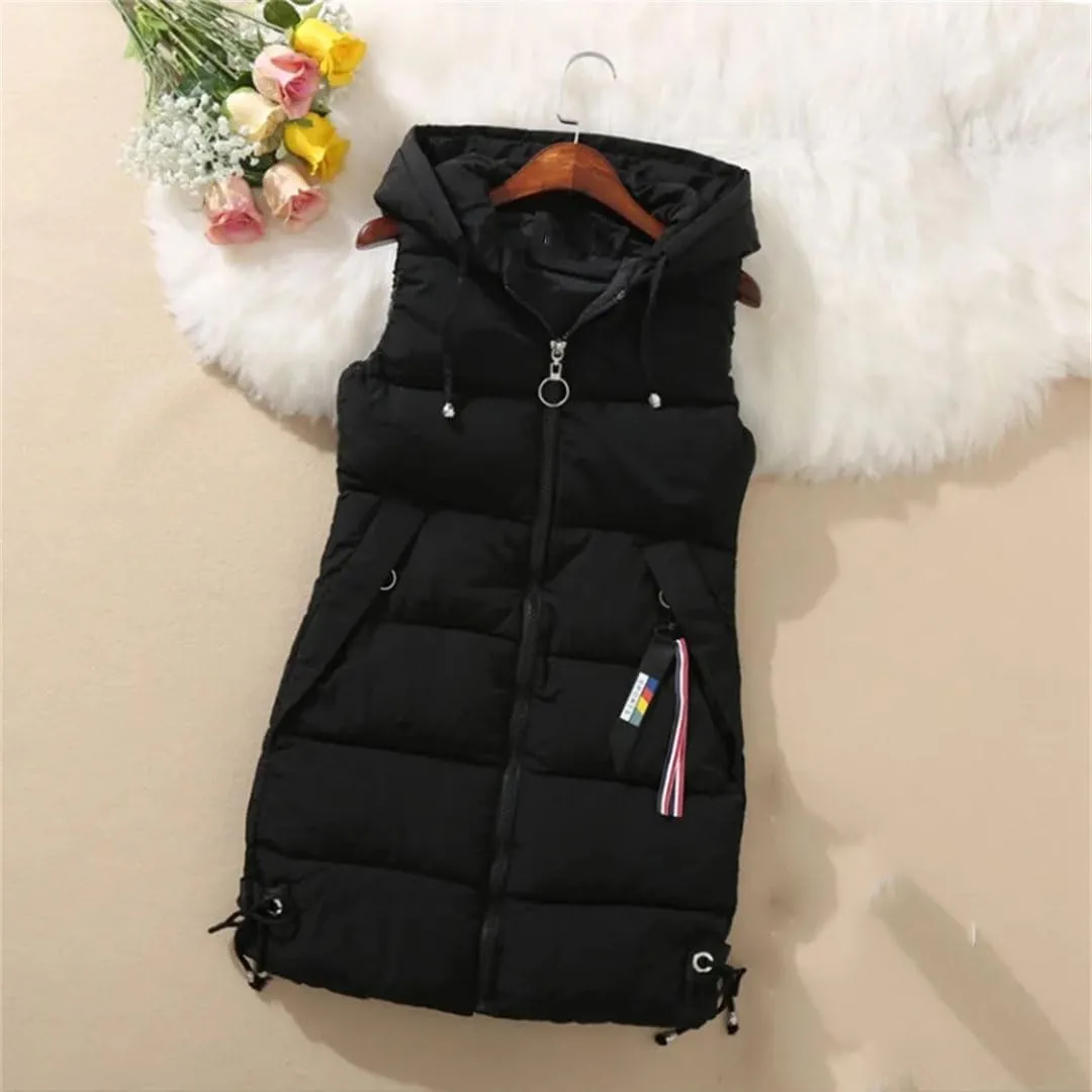 Women's Thick Warm Down Cotton-Padded Waistcoat Autumn Winter Sleeveless Long Hooded Vest Korean Loose Jacket Outwear