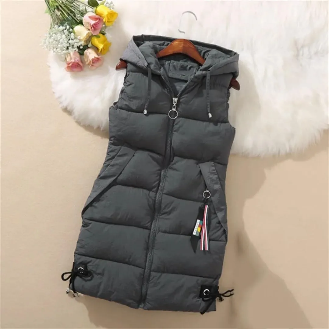 Women's Thick Warm Down Cotton-Padded Waistcoat Autumn Winter Sleeveless Long Hooded Vest Korean Loose Jacket Outwear