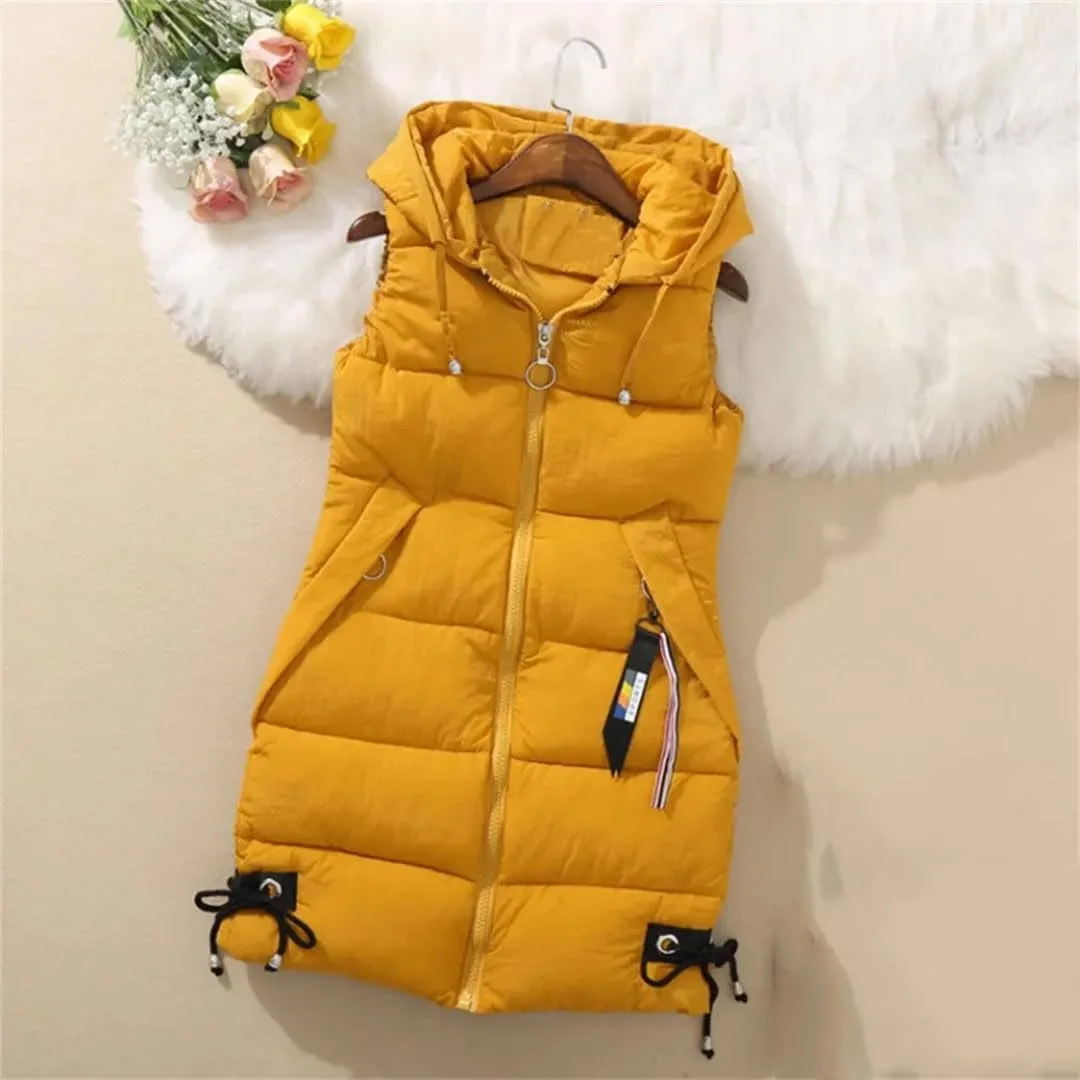 Women's Thick Warm Down Cotton-Padded Waistcoat Autumn Winter Sleeveless Long Hooded Vest Korean Loose Jacket Outwear