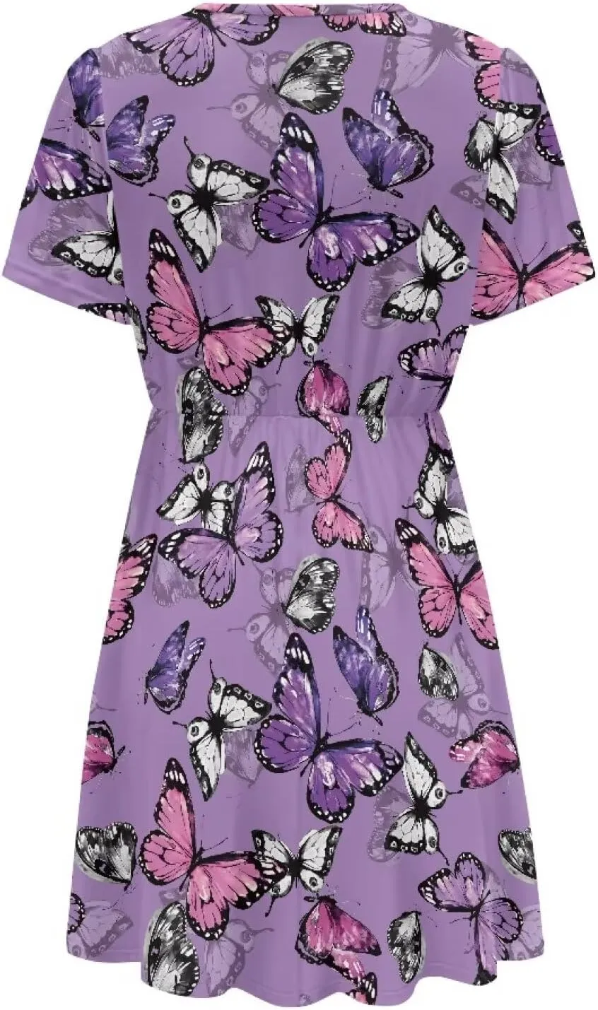 Women's V Neck Dresses Short Sleeve Swing Ruffle Dresses A Line Soft Ruched Dress Lightweight Vacation Dress