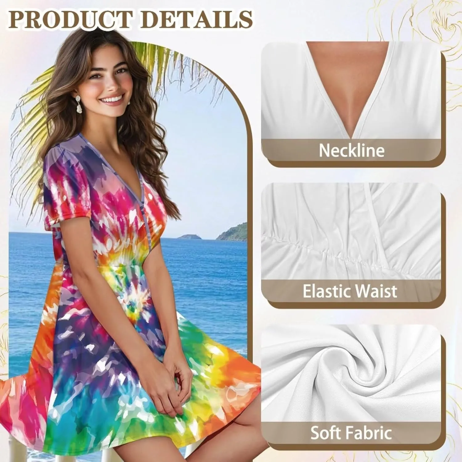 Women's V Neck Dresses Short Sleeve Swing Ruffle Dresses A Line Soft Ruched Dress Lightweight Vacation Dress