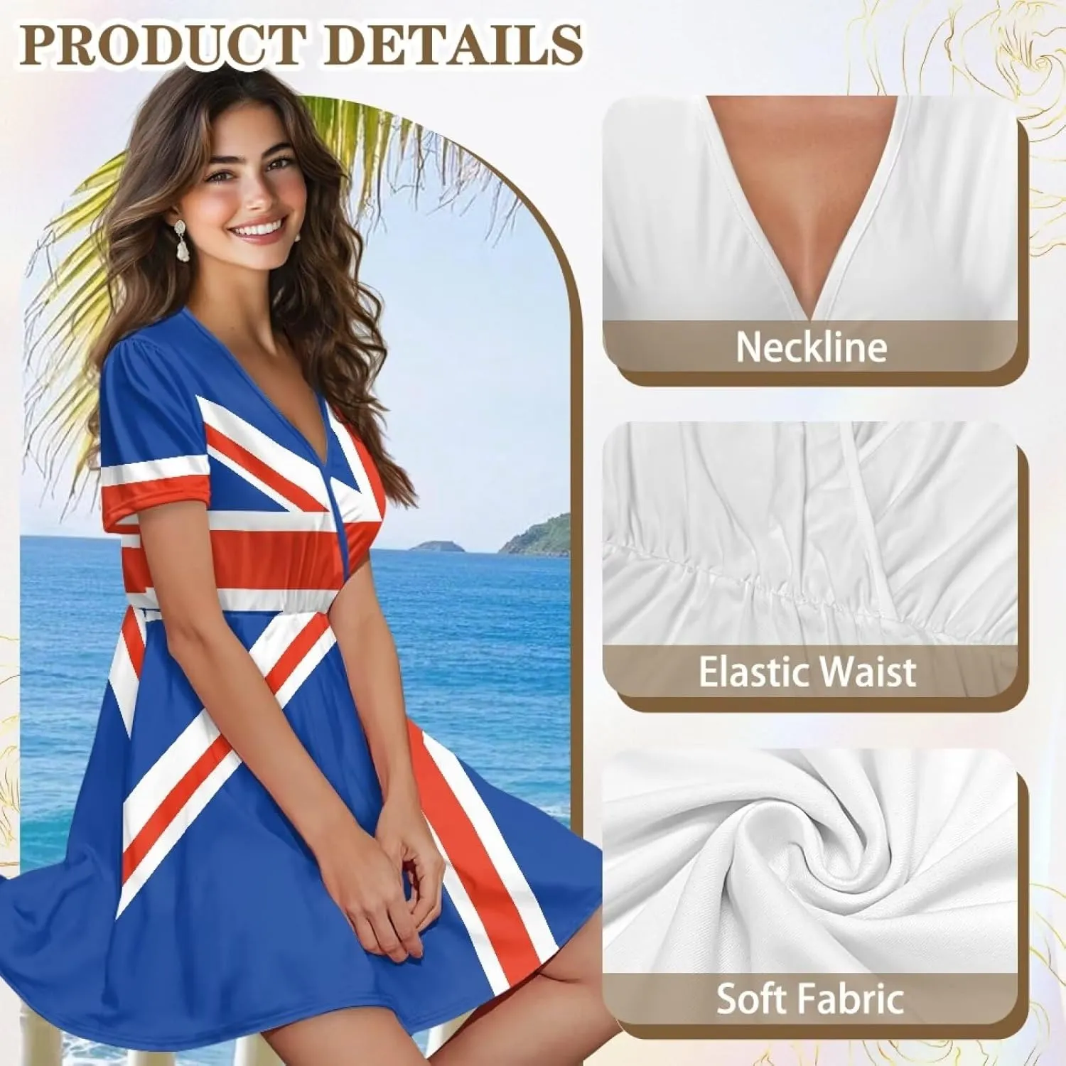 Women's V Neck Dresses Short Sleeve Swing Ruffle Dresses A Line Soft Ruched Dress Lightweight Vacation Dress