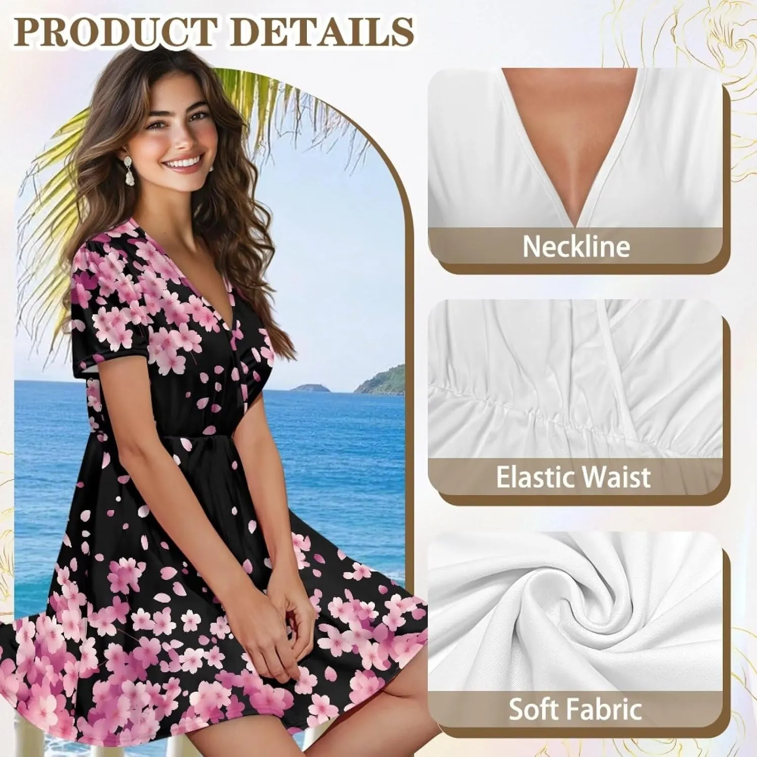 Women's V Neck Dresses Short Sleeve Swing Ruffle Dresses A Line Soft Ruched Dress Lightweight Vacation Dress