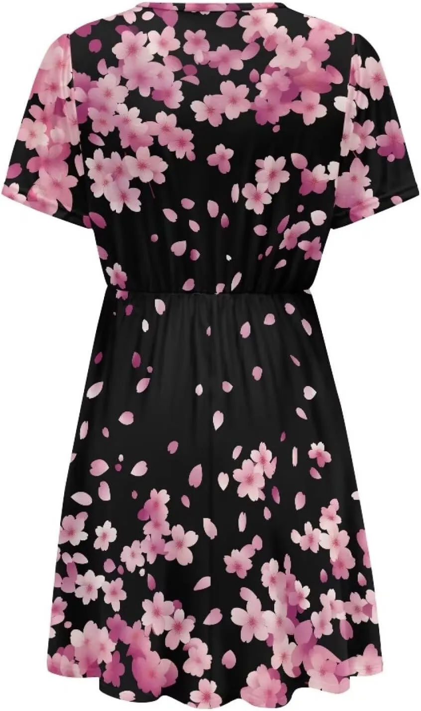 Women's V Neck Dresses Short Sleeve Swing Ruffle Dresses A Line Soft Ruched Dress Lightweight Vacation Dress