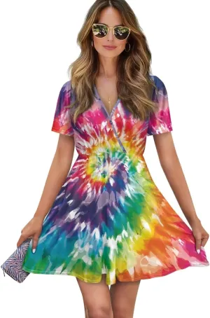 Women's V Neck Dresses Short Sleeve Swing Ruffle Dresses A Line Soft Ruched Dress Lightweight Vacation Dress