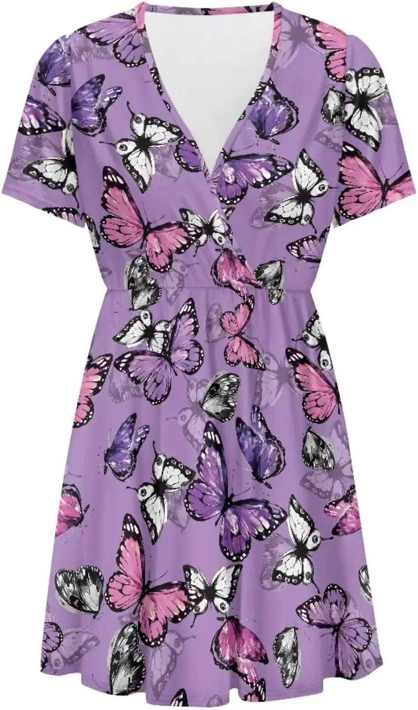 Women's V Neck Dresses Short Sleeve Swing Ruffle Dresses A Line Soft Ruched Dress Lightweight Vacation Dress
