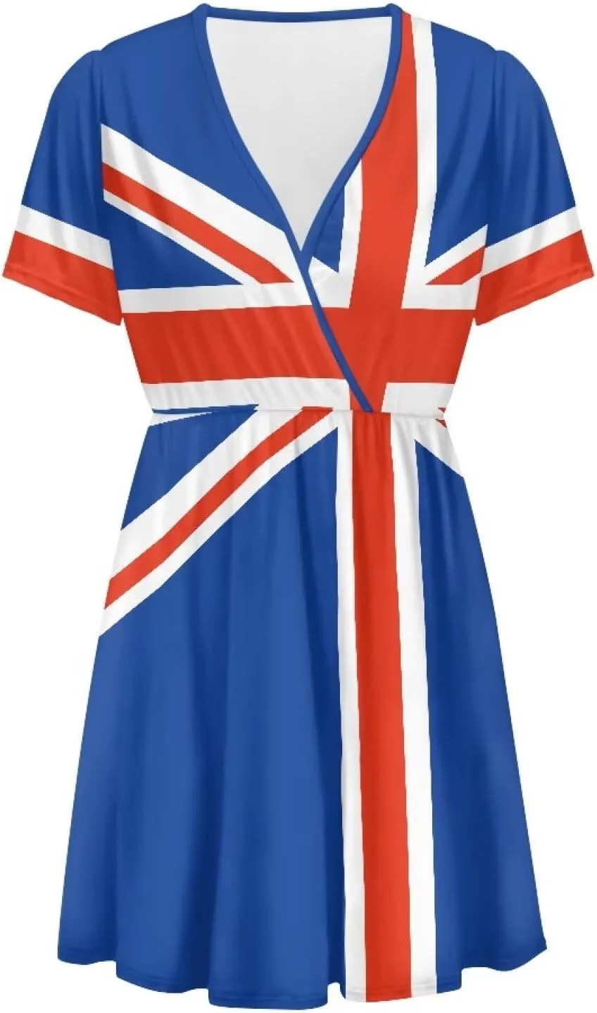 Women's V Neck Dresses Short Sleeve Swing Ruffle Dresses A Line Soft Ruched Dress Lightweight Vacation Dress