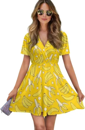 Women's V Neck Dresses Short Sleeve Swing Ruffle Dresses A Line Soft Ruched Dress Lightweight Vacation Dress