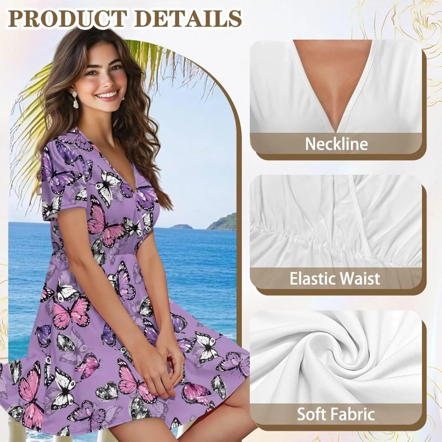 Women's V Neck Dresses Short Sleeve Swing Ruffle Dresses A Line Soft Ruched Dress Lightweight Vacation Dress