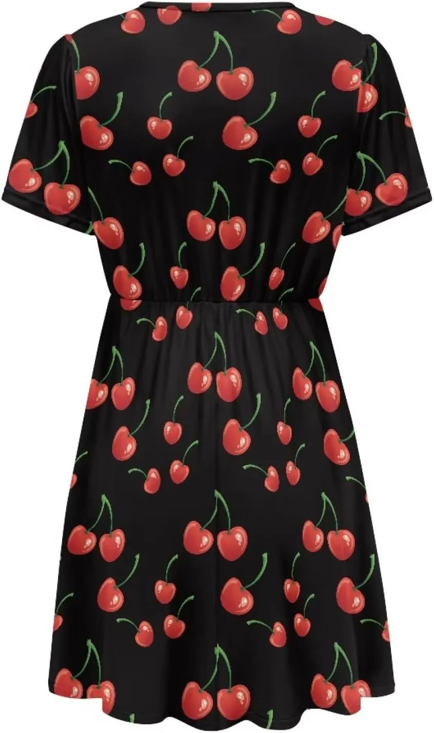 Women's V Neck Dresses Short Sleeve Swing Ruffle Dresses A Line Soft Ruched Dress Lightweight Vacation Dress