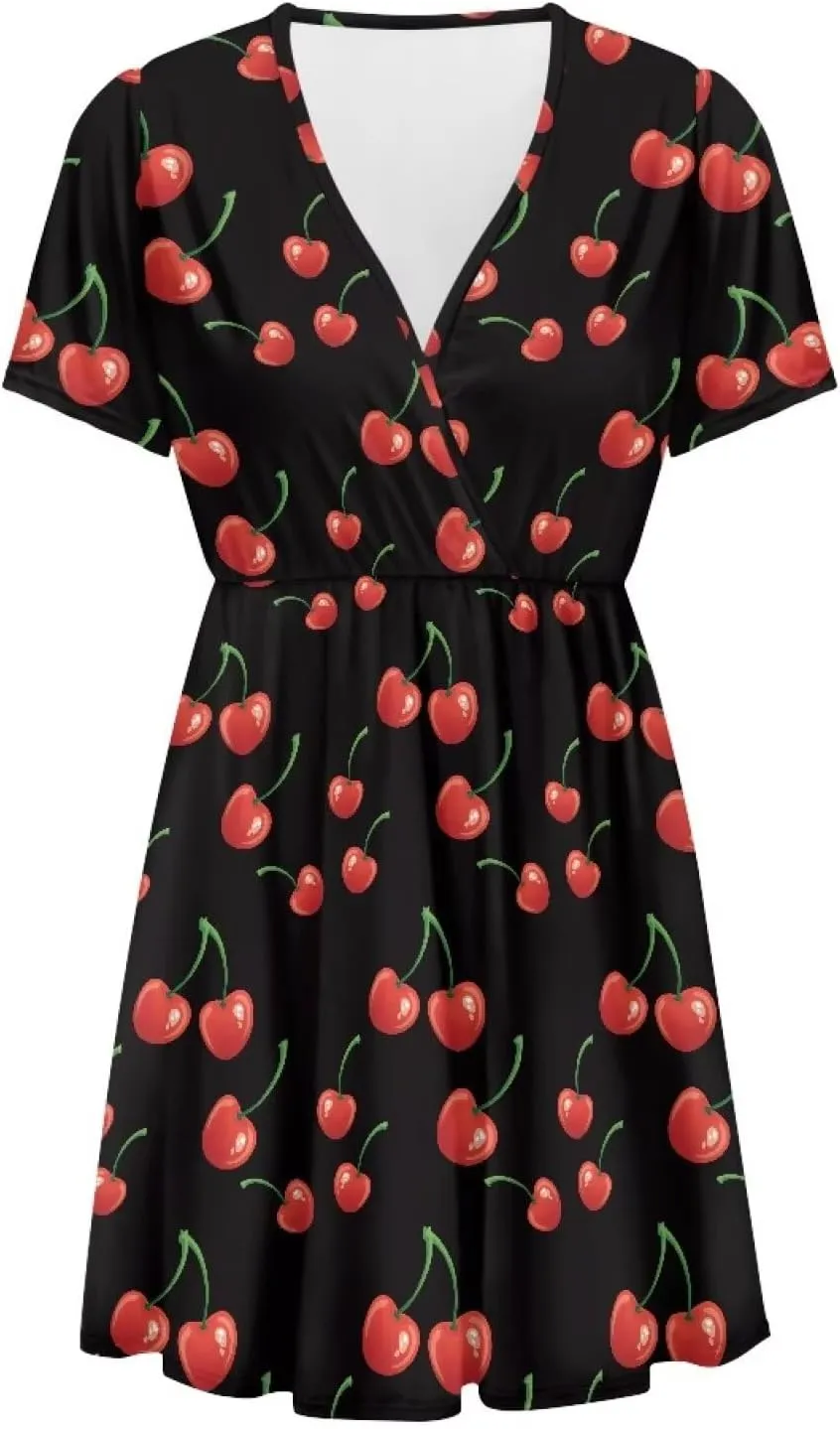 Women's V Neck Dresses Short Sleeve Swing Ruffle Dresses A Line Soft Ruched Dress Lightweight Vacation Dress