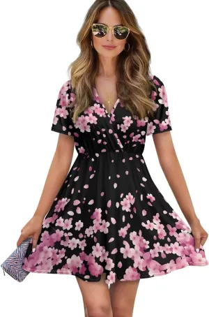 Women's V Neck Dresses Short Sleeve Swing Ruffle Dresses A Line Soft Ruched Dress Lightweight Vacation Dress