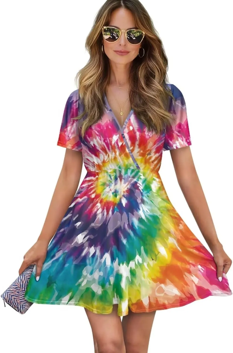 Women's V Neck Dresses Short Sleeve Swing Ruffle Dresses A Line Soft Ruched Dress Lightweight Vacation Dress