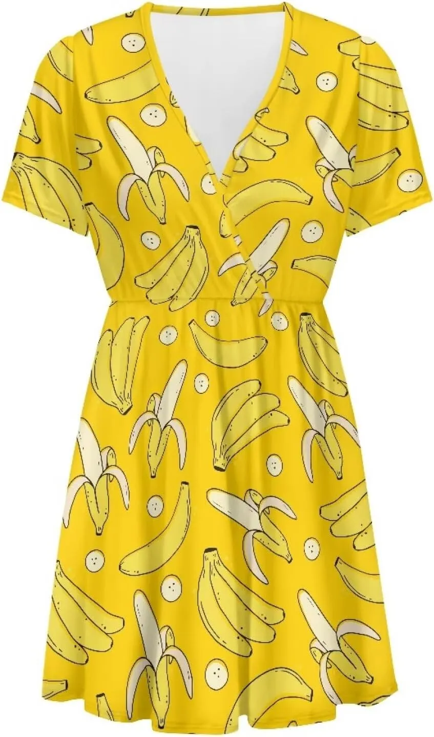 Women's V Neck Dresses Short Sleeve Swing Ruffle Dresses A Line Soft Ruched Dress Lightweight Vacation Dress