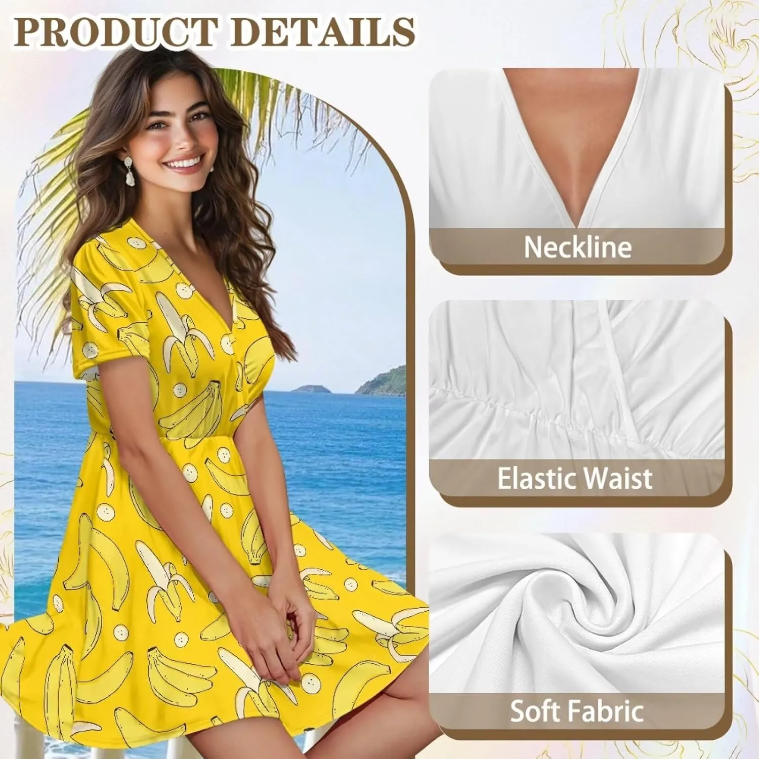 Women's V Neck Dresses Short Sleeve Swing Ruffle Dresses A Line Soft Ruched Dress Lightweight Vacation Dress