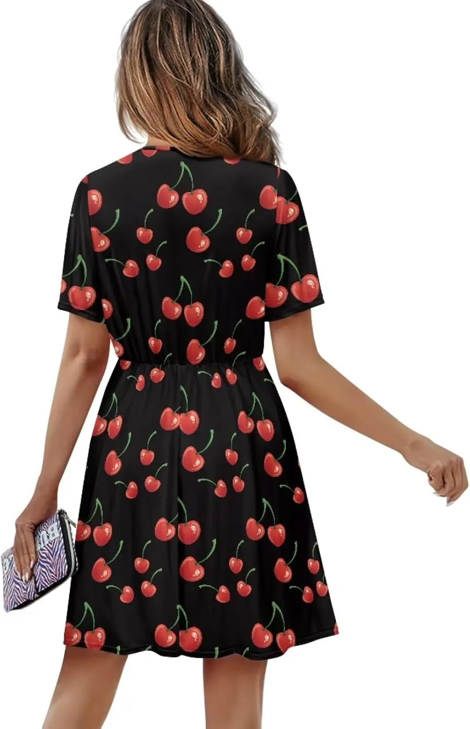 Women's V Neck Dresses Short Sleeve Swing Ruffle Dresses A Line Soft Ruched Dress Lightweight Vacation Dress