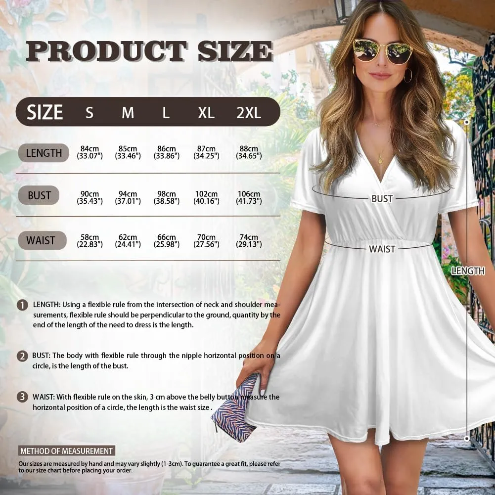 Women's V Neck Dresses Short Sleeve Swing Ruffle Dresses A Line Soft Ruched Dress Lightweight Vacation Dress