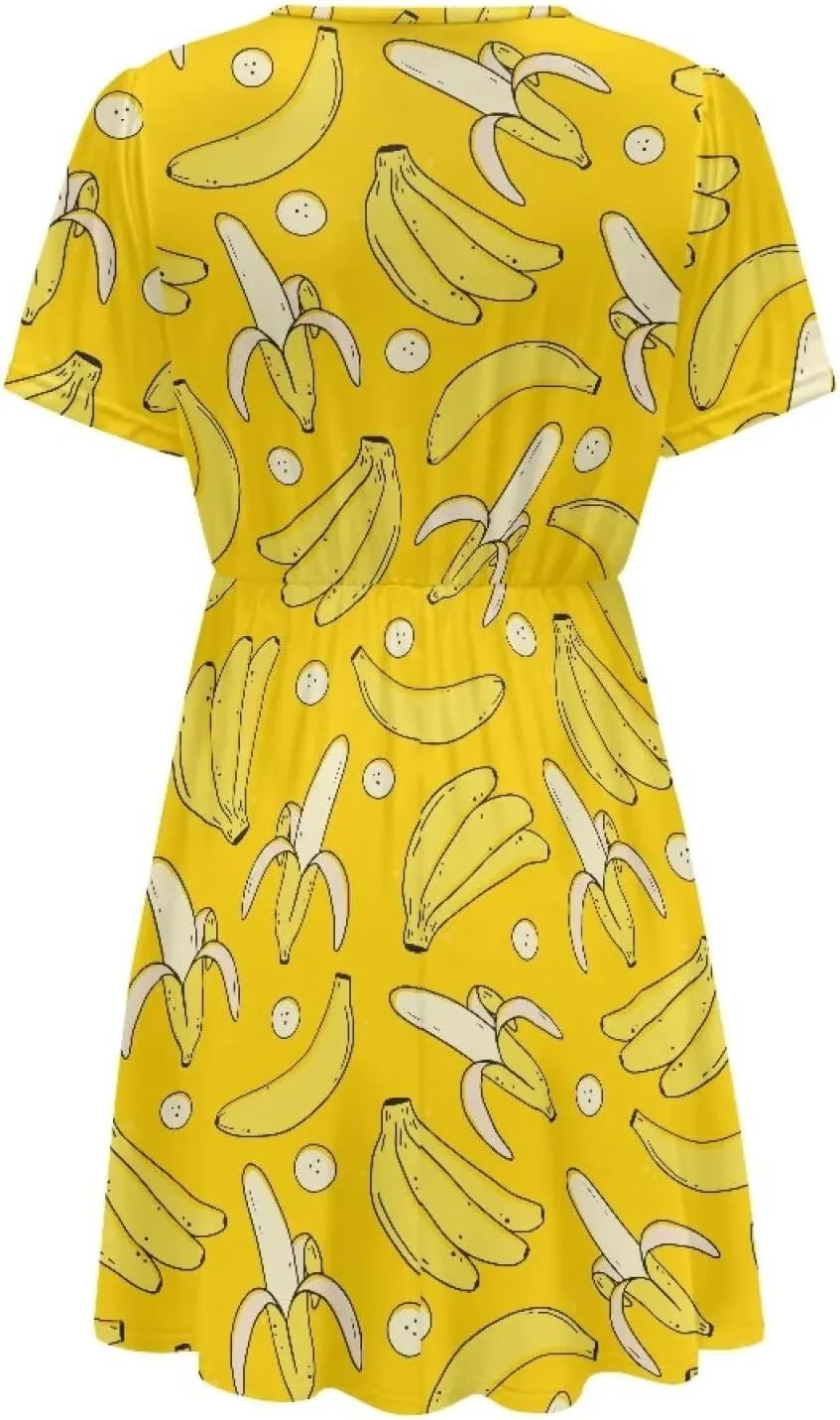 Women's V Neck Dresses Short Sleeve Swing Ruffle Dresses A Line Soft Ruched Dress Lightweight Vacation Dress