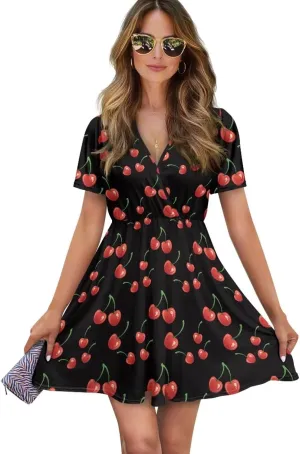 Women's V Neck Dresses Short Sleeve Swing Ruffle Dresses A Line Soft Ruched Dress Lightweight Vacation Dress