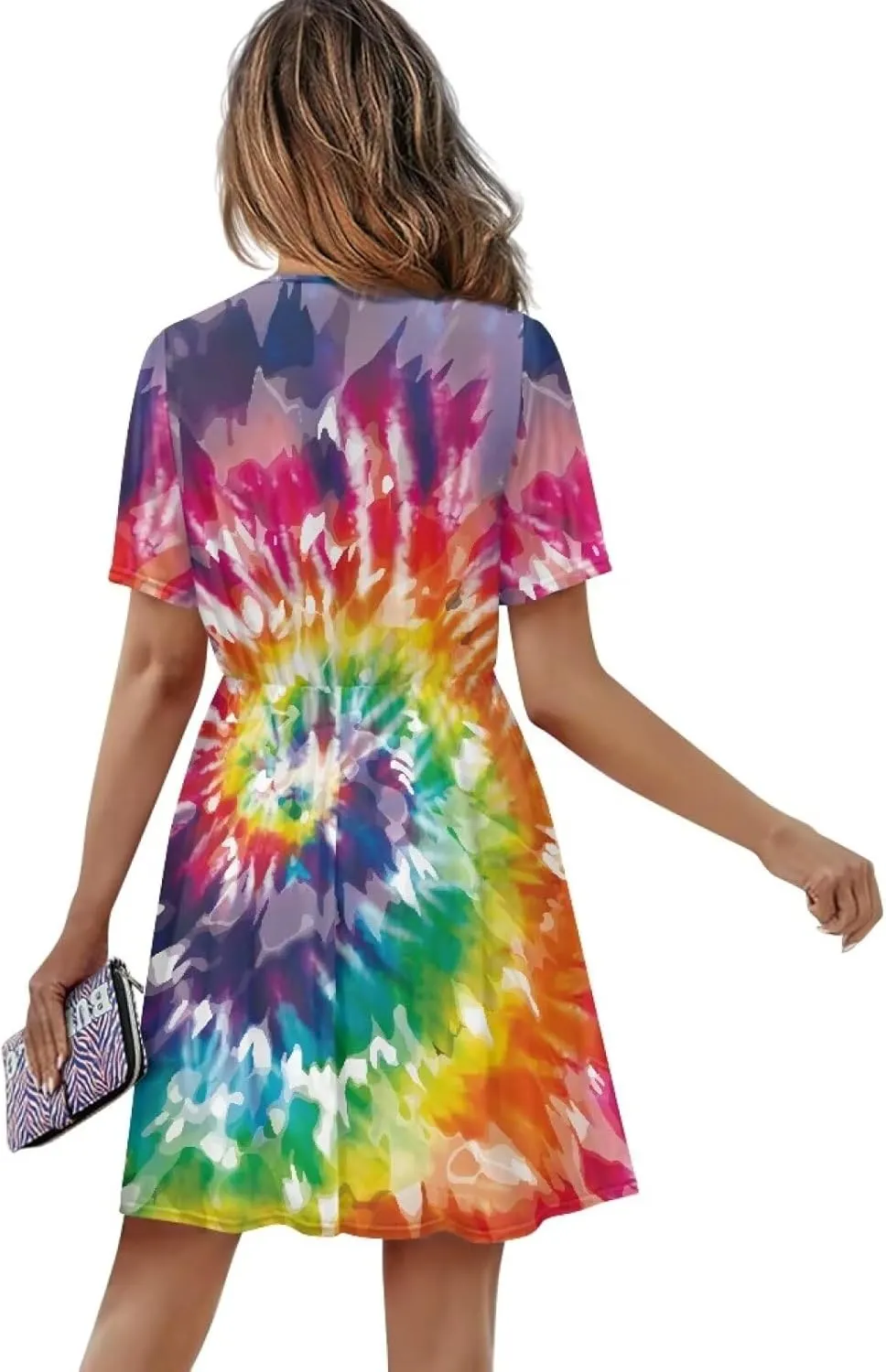 Women's V Neck Dresses Short Sleeve Swing Ruffle Dresses A Line Soft Ruched Dress Lightweight Vacation Dress