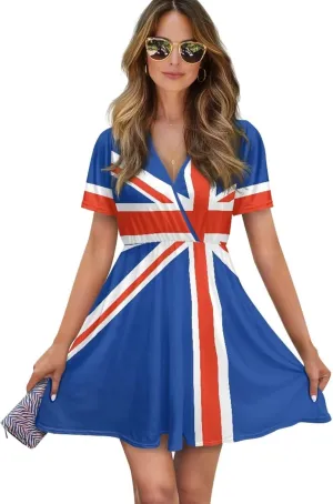 Women's V Neck Dresses Short Sleeve Swing Ruffle Dresses A Line Soft Ruched Dress Lightweight Vacation Dress